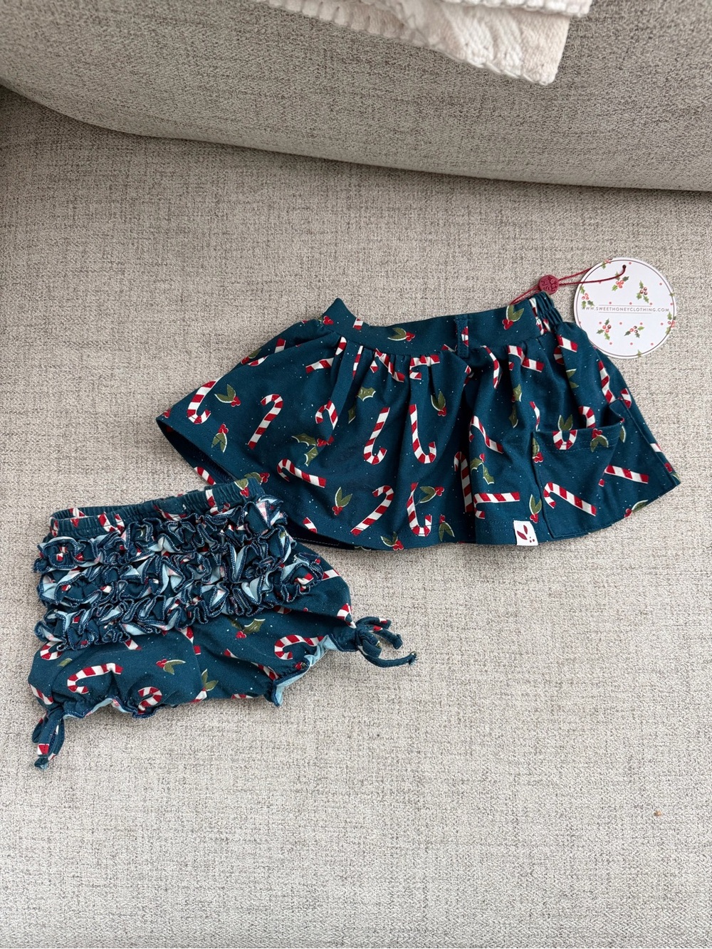 SweetHoney Teal Candy Cane Print Skirt and Bloomers Set